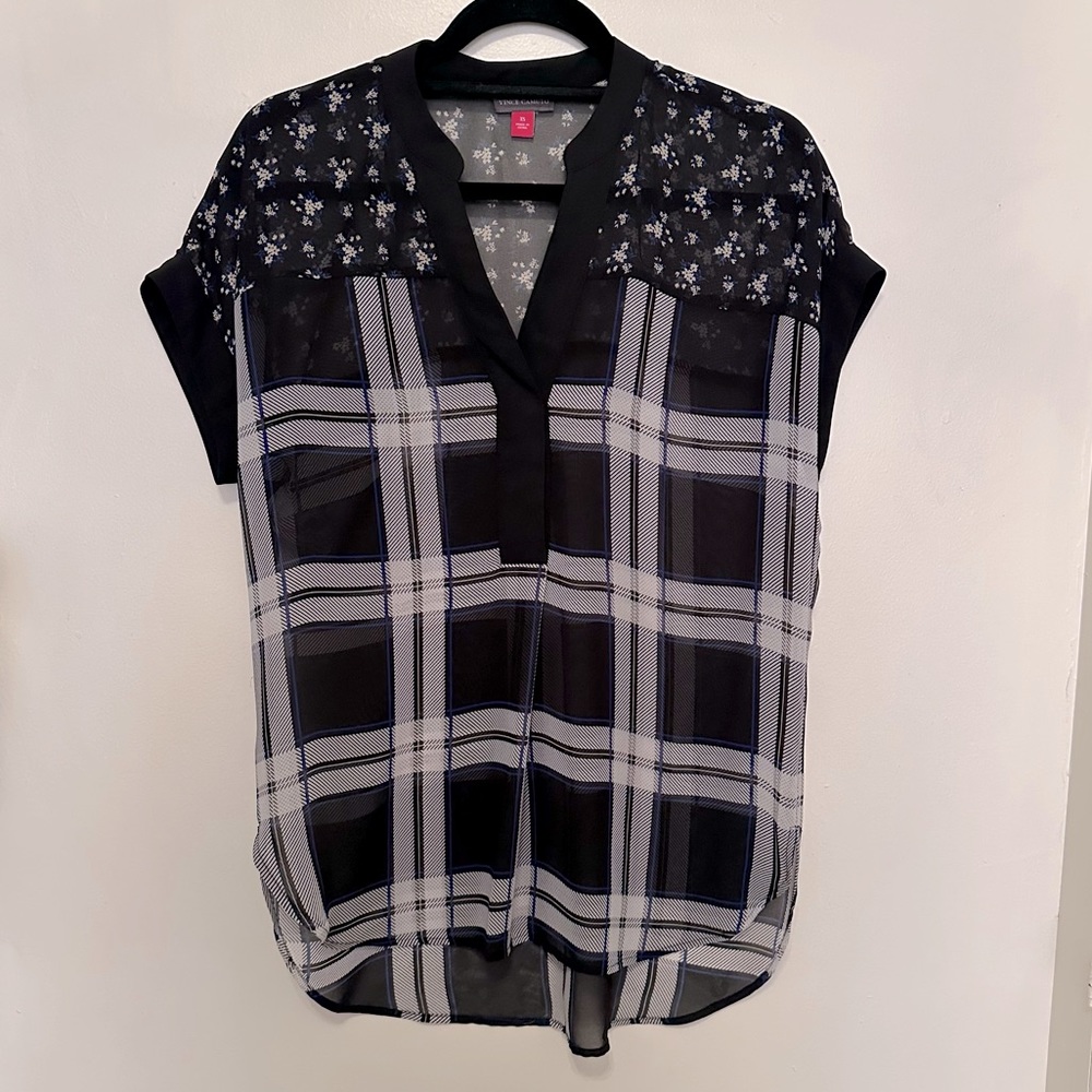 Vince Camuto Sheer Plaid & Floral Blouse - XS